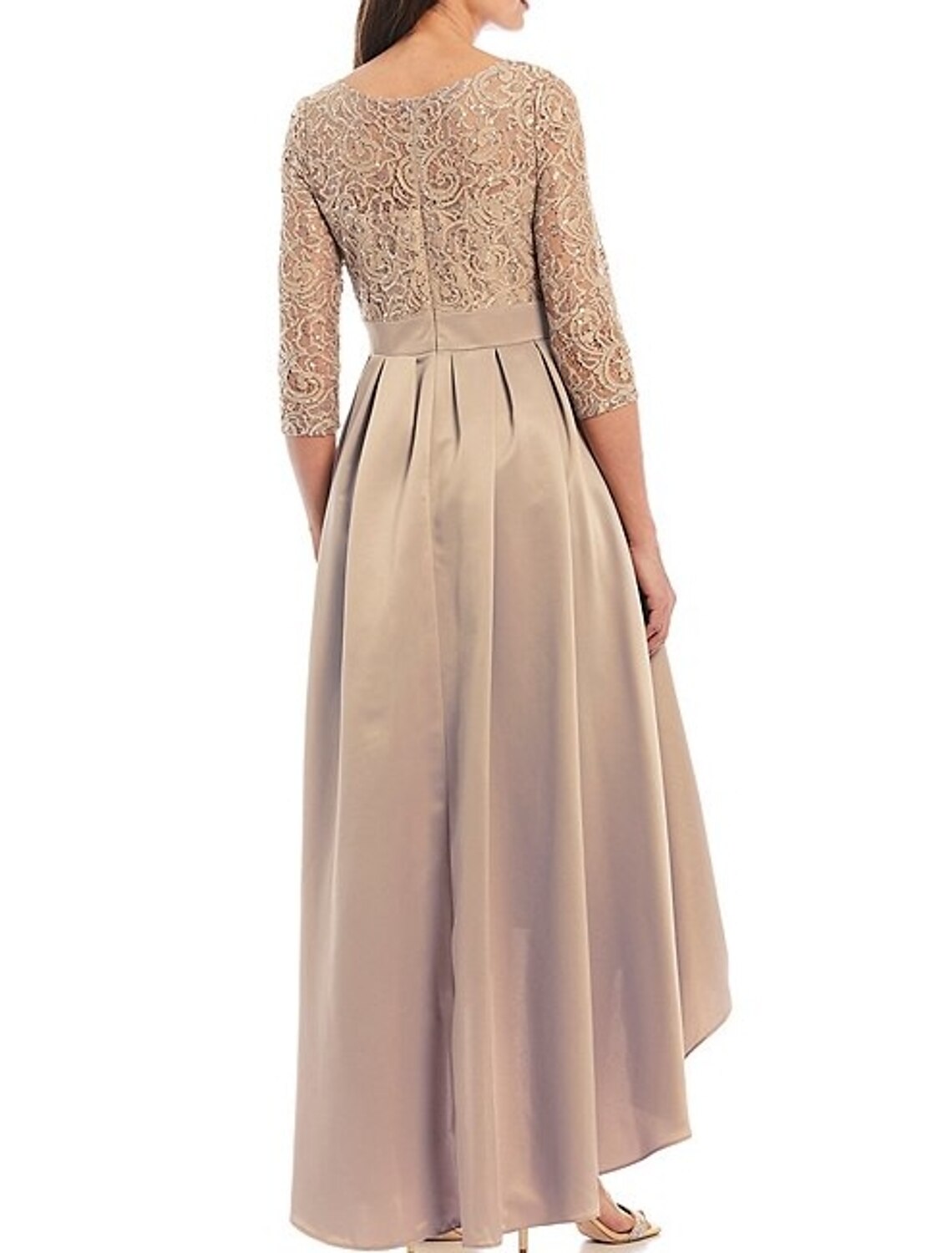 A-Line Mother of the Bride Dress Elegant High Low Jewel Neck Asymmetrical Satin Lace 3/4 Length Sleeve with Bow(s) Pleats