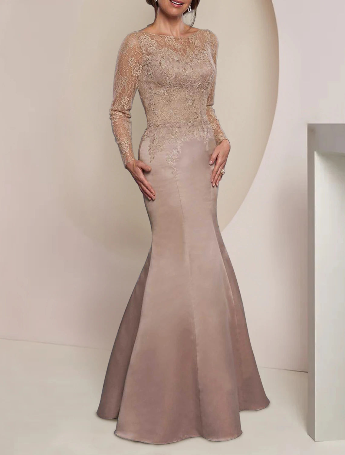 Mermaid / Trumpet Mother of the Bride Dress Wedding Guest Elegant Party Jewel Neck Floor Length Imitated Silk Long Sleeve with Lace Pleats