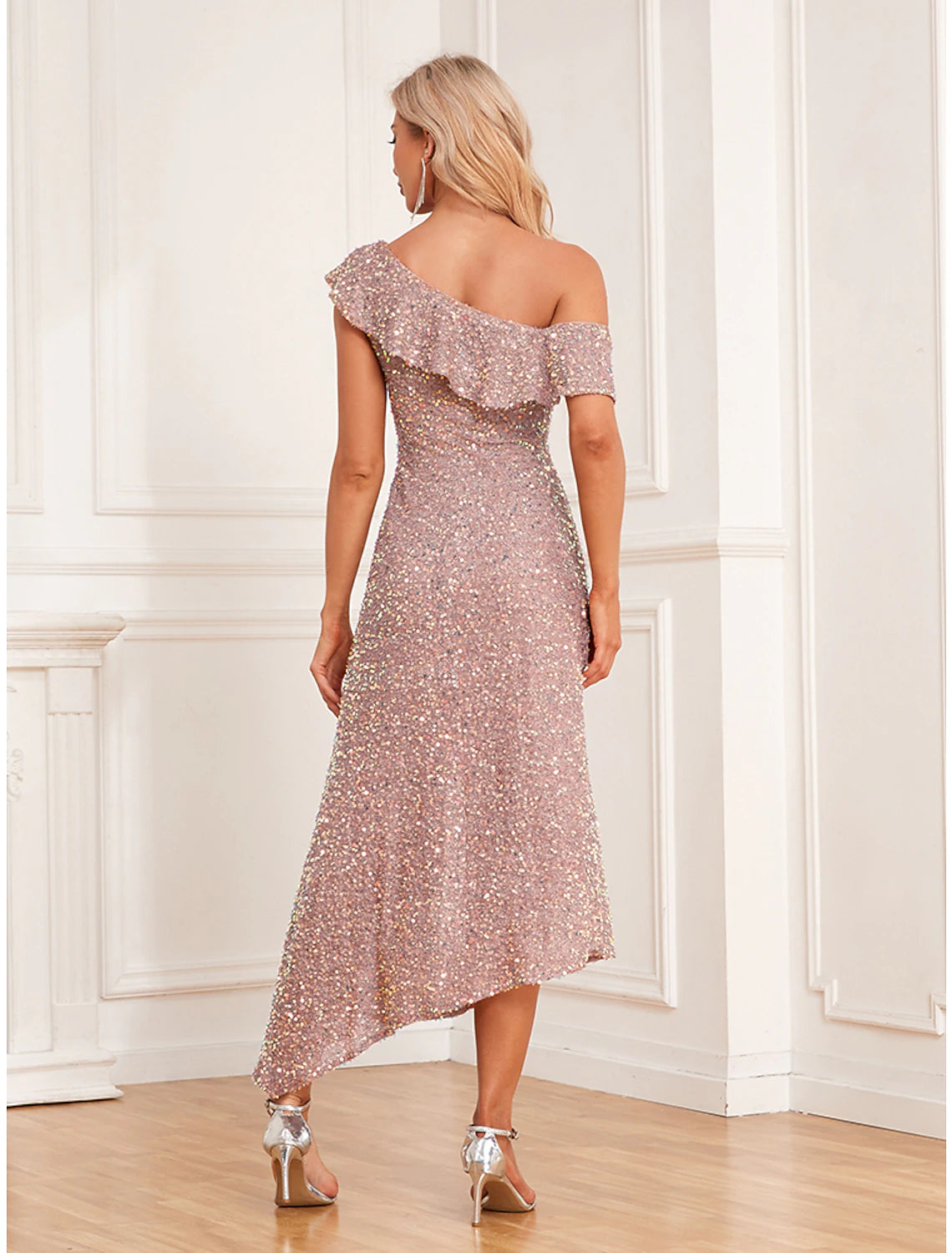 Women's Sequin Dress Prom Dress Party Dress Midi Dress Khaki Sleeveless Plain Ruched Summer Spring Fall Cold Shoulder Elegant Evening Party