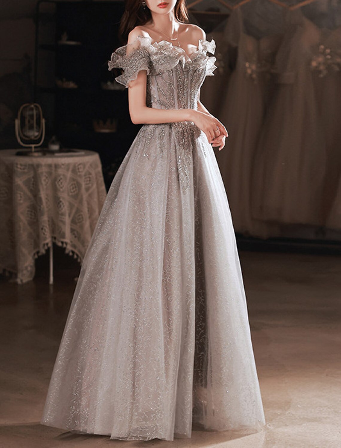 A-Line Sparkle & Shine Prom Formal Evening Dress Off Shoulder Short Sleeve Floor Length Polyester with Sequin Ruffles