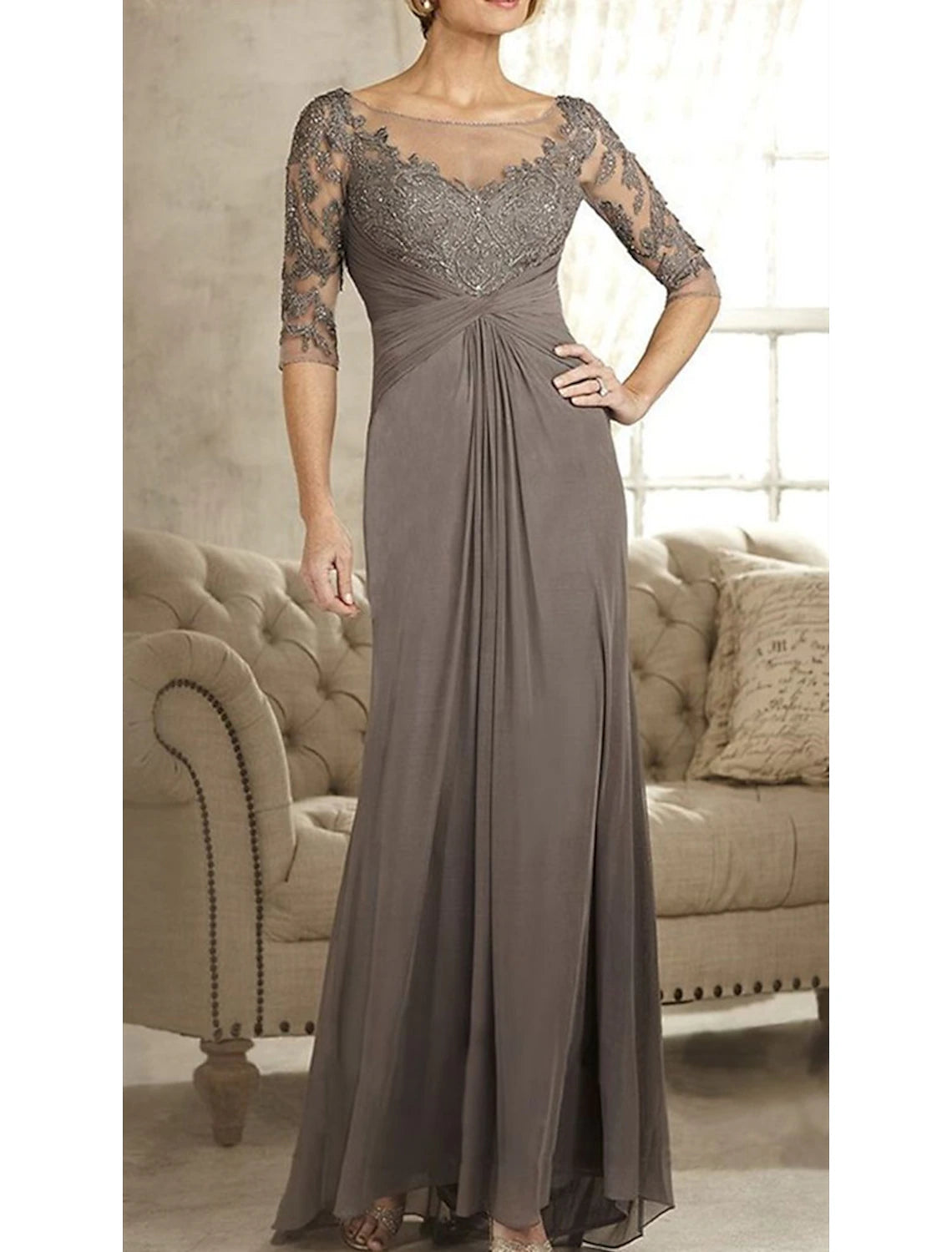 A-Line Mother of the Bride Dress Wedding Guest Simple Elegant Jewel Neck Floor Length Chiffon Lace 3/4 Length Sleeve with Crystals Appliques
