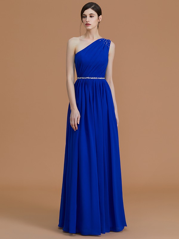 A-Line/Princess One-Shoulder Sleeveless Floor-Length Beading Chiffon Bridesmaid Dresses