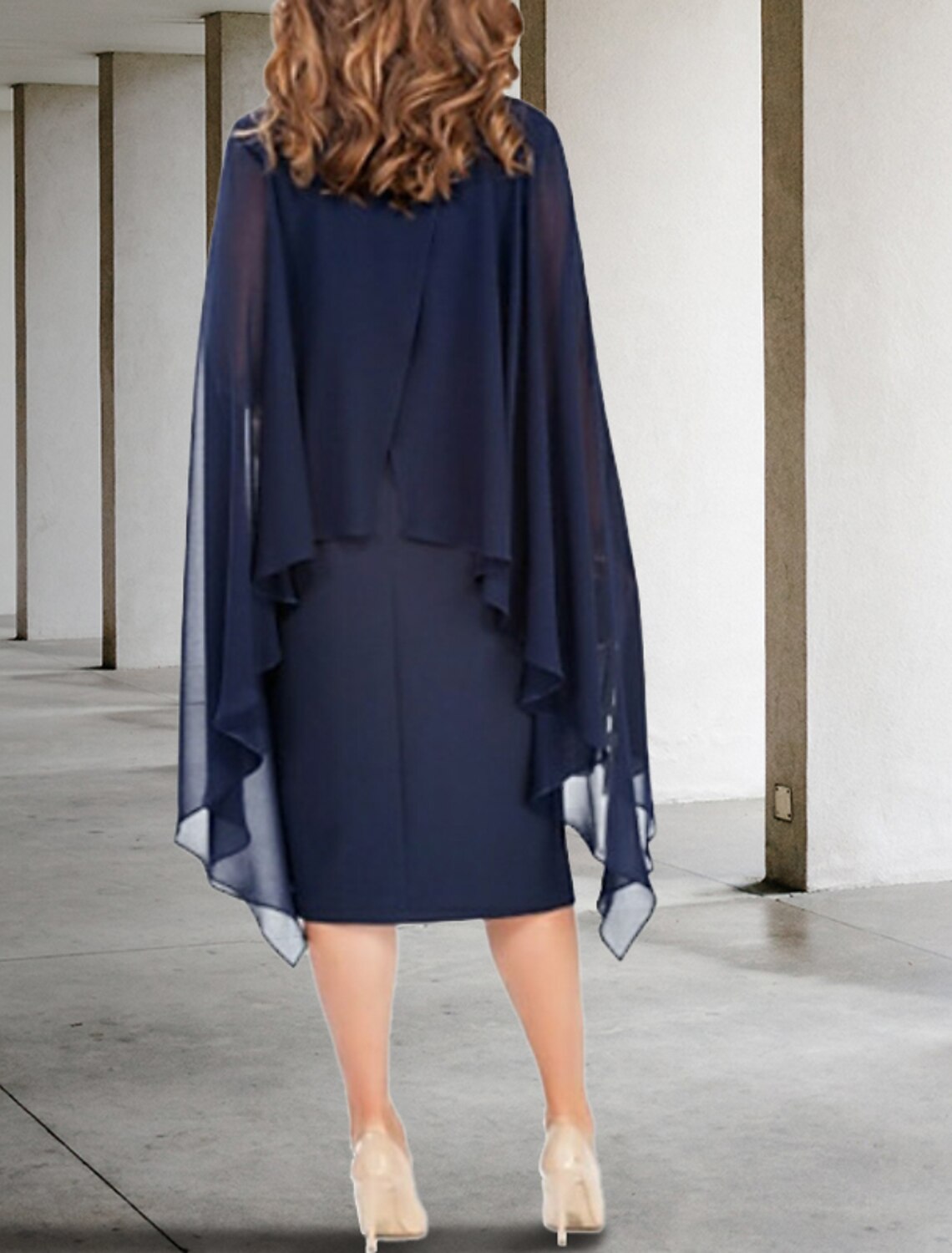 Sheath / Column Mother of the Bride Dress Plus Size Jewel Neck Tea Length Chiffon Long Sleeve with Crystal Brooch