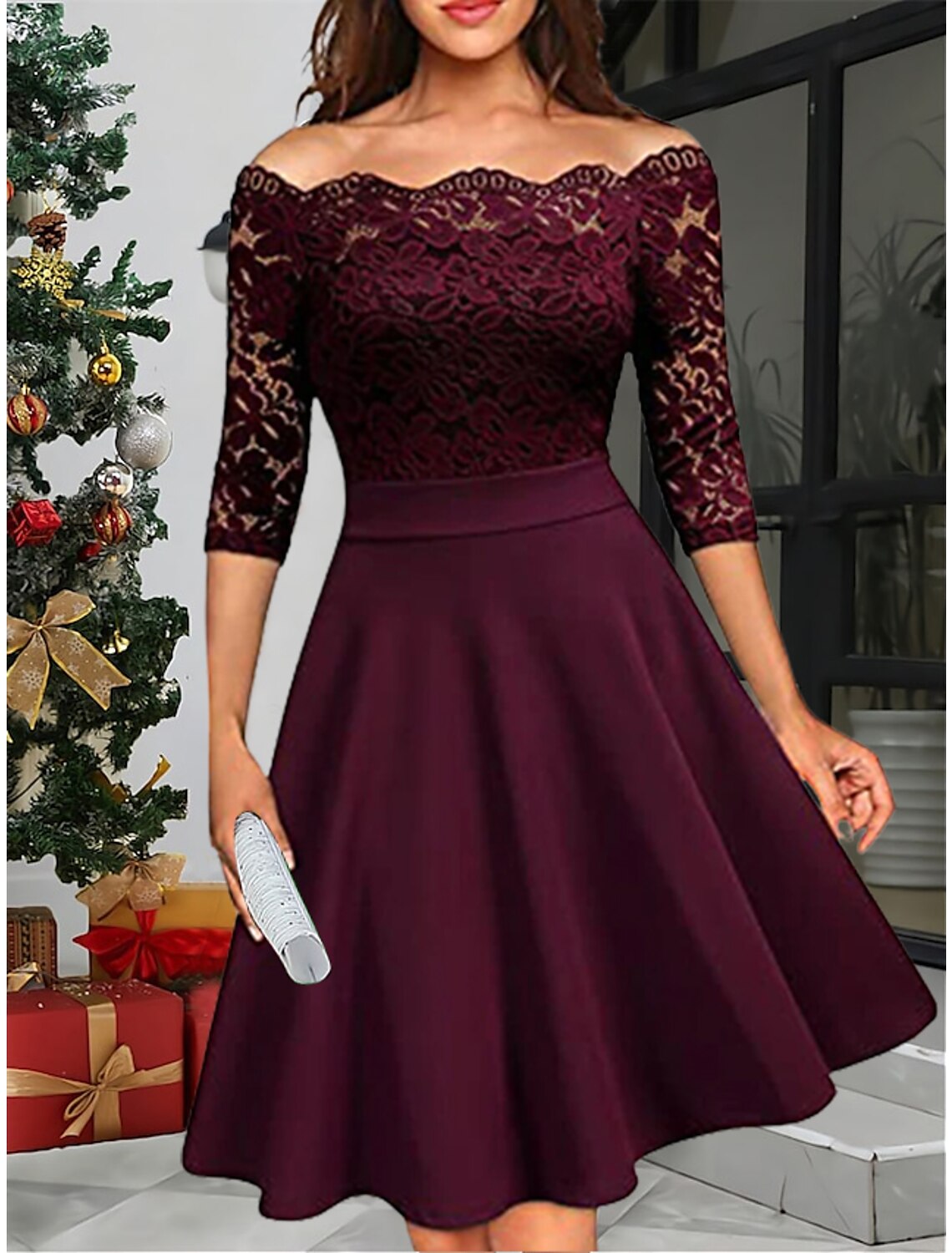 Women's Party Dress Lace Dress Wedding Guest Dress Midi Dress Wine Dark Blue Half Sleeve Pure Color Lace Spring Fall Winter Off Shoulder Fashion Winter Dress Wedding Guest Evening Party