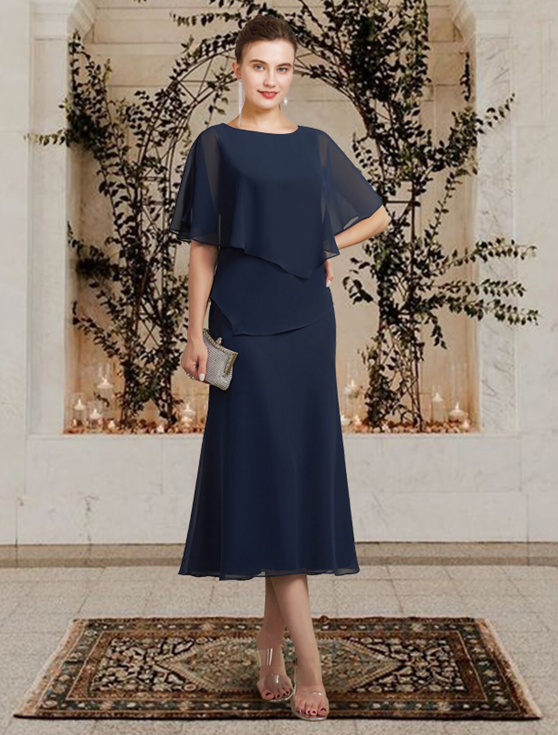 A-Line Mother of the Bride Dress Plus Size Elegant Jewel Neck Tea Length Chiffon Sleeveless with Ruffles