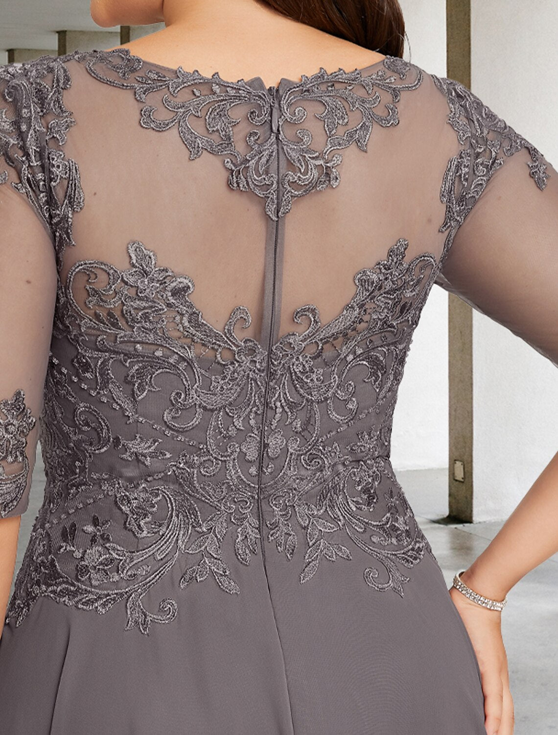 A-Line Mother of the Bride Dresses Plus Size Hide Belly Curve Elegant Dress Formal Asymmetrical Half Sleeve Jewel Neck Chiffon with Beading Appliques