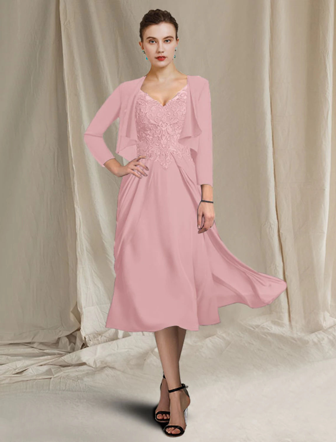 A-Line Mother of the Bride Dress Plus Size Elegant V Neck Tea Length Chiffon Lace Short Sleeve Wrap Included with Appliques
