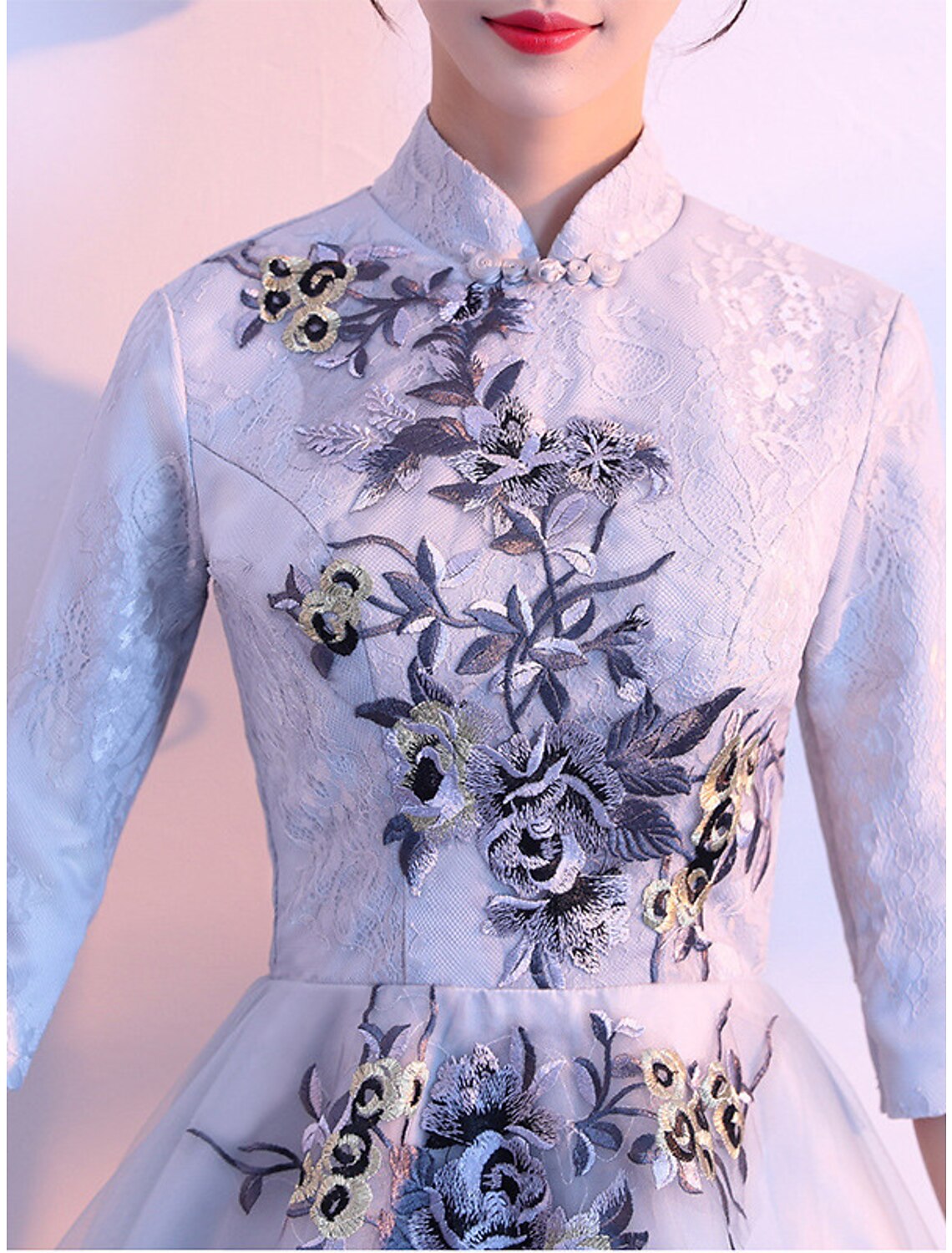 A-Line Mother of the Bride Dress Vintage Elegant High Neck Tea Length Lace Tulle Half Sleeve with Appliques