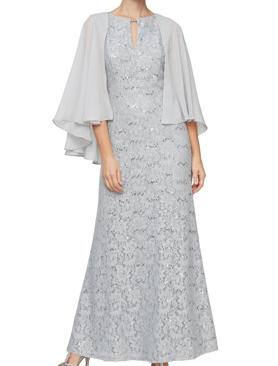 Sheath / Column Mother of the Bride Dress Wedding Guest Elegant Jewel Neck Ankle Length Chiffon Lace 3/4 Length Sleeve with Sequin Ruching Solid Color