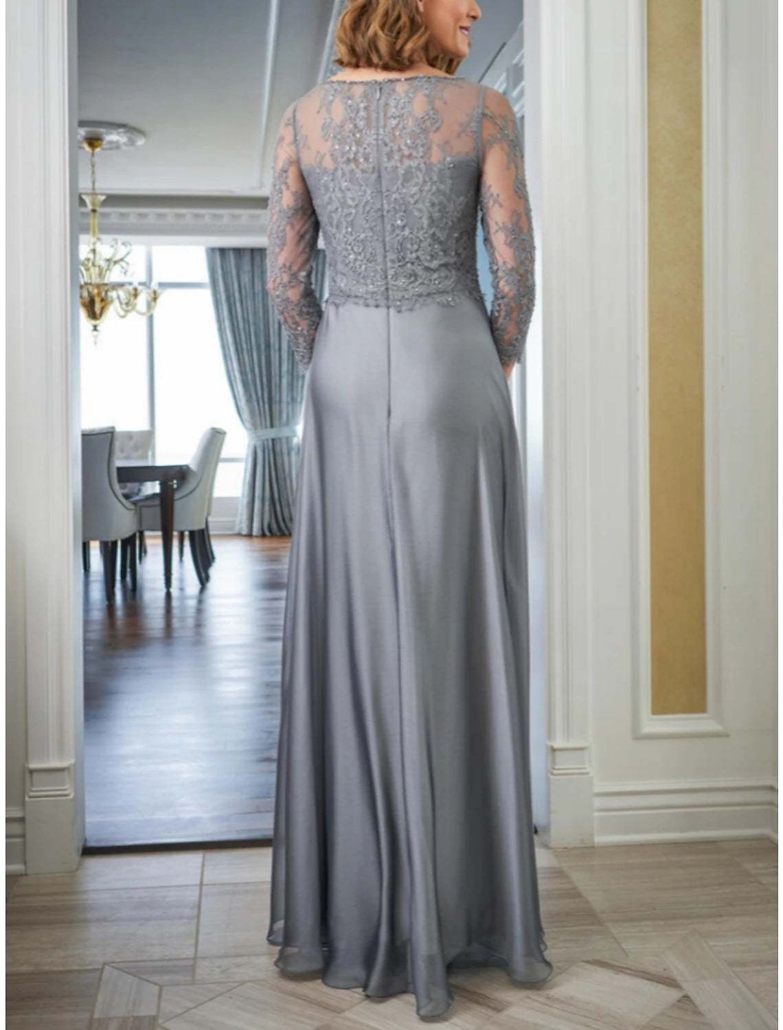 A-Line Mother of the Bride Dress Wedding Guest Elegant Scoop Neck Ankle Length Chiffon Long Sleeve with Lace Sequin Ruching