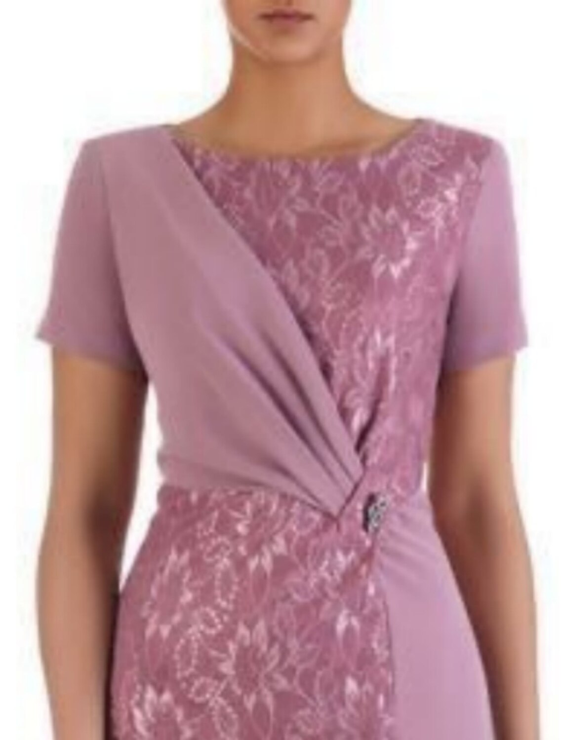 Sheath / Column Mother of the Bride Dress Wedding Guest Party Elegant Scoop Neck Knee Length Chiffon Lace Short Sleeve with Crystal Brooch