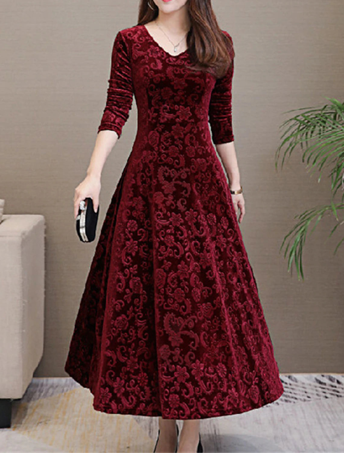 Women's Party Dress Velvet Dress Swing Dress New Year's Eve Dress Midi Dress Black Red Green Long Sleeve Floral Jacquard Spring Fall Winter V Neck Winter Dress