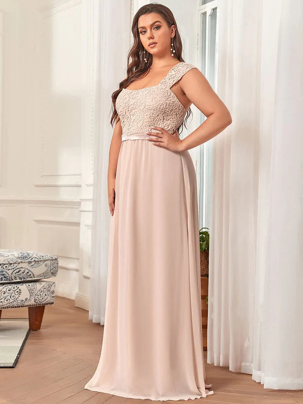 Custom Size Elegant A Line Long Chiffon Bridesmaid Dress With Lace Bodice