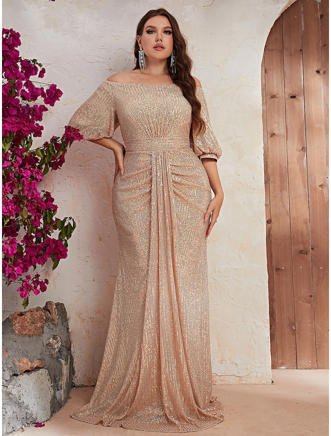 A-Line Wedding Guest Dresses Elegant Dress Formal Evening Party Sweep / Brush Train Half Sleeve Off Shoulder Polyester with Beading