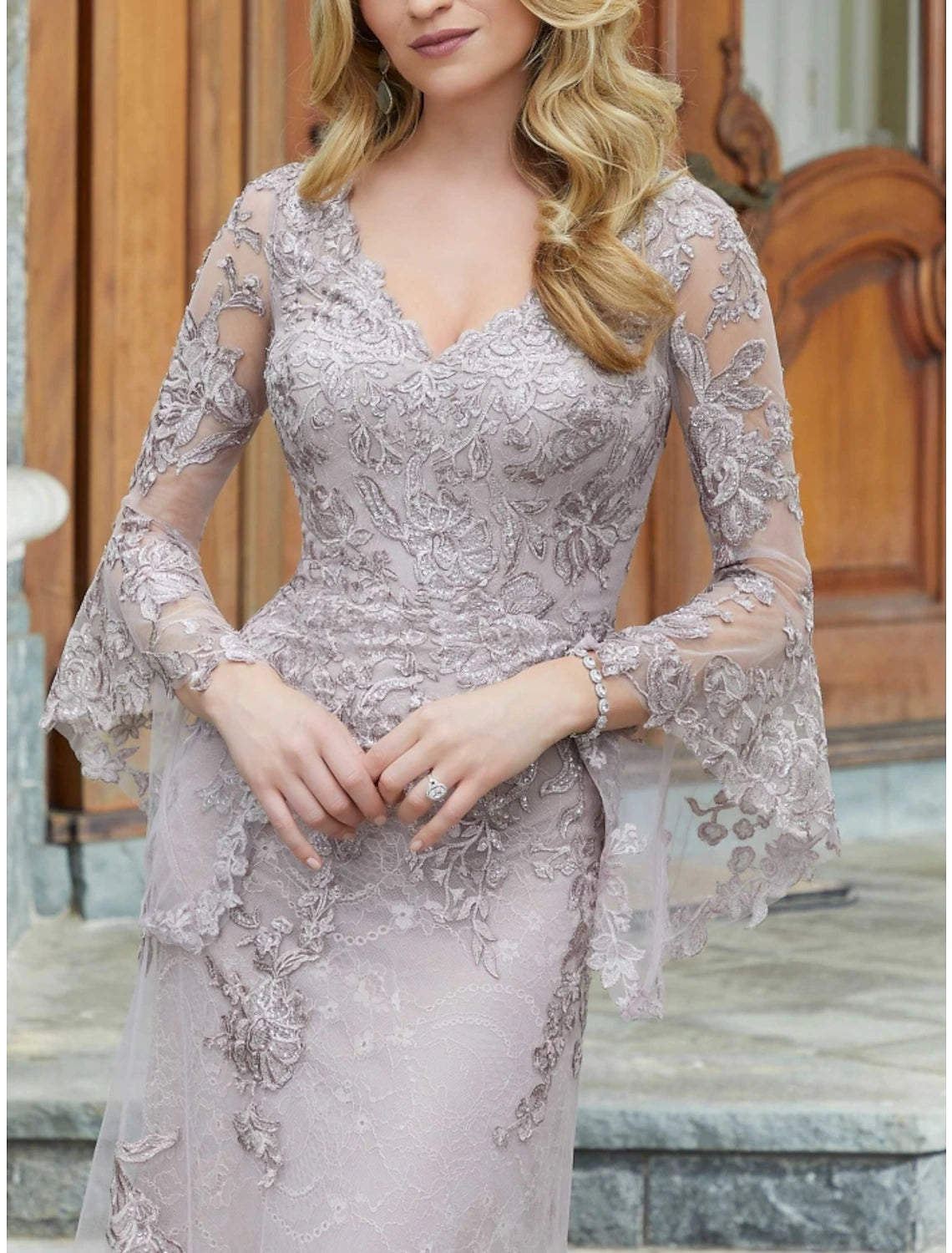 A-Line Mother of the Bride Dress Wedding Guest Elegant V Neck Floor Length Lace Long Sleeve with Ruching Solid Color