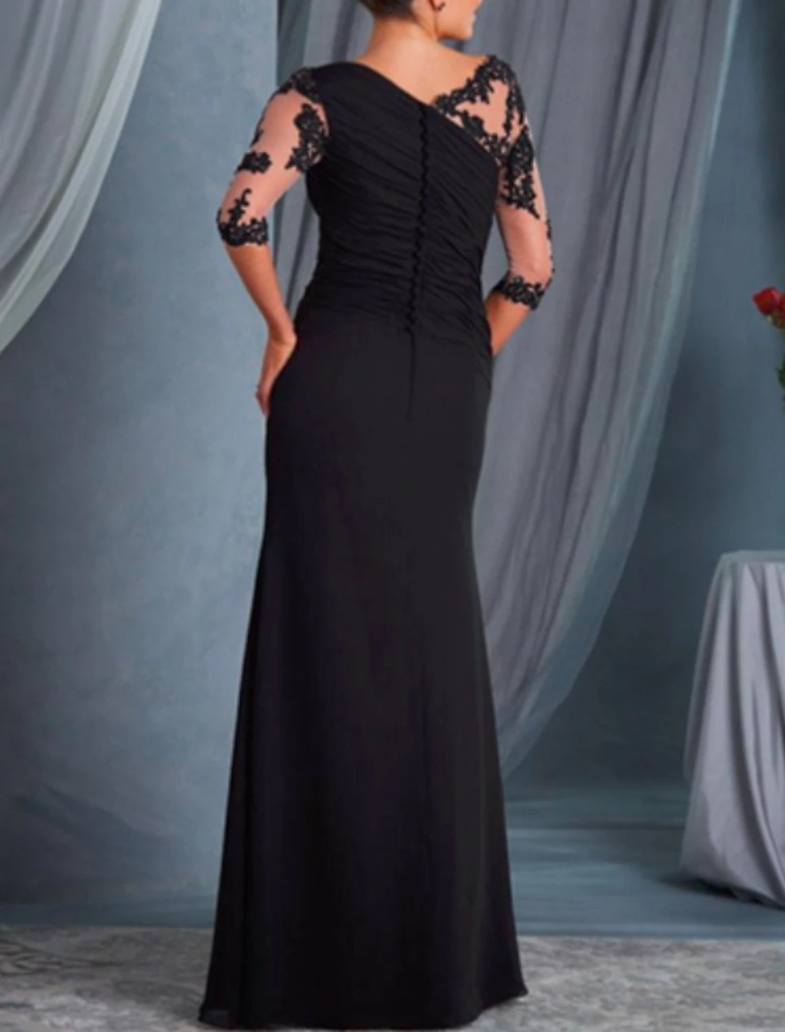 A-Line Mother of the Bride Dress Wedding Guest Long Dresses Elegant Formal Plus Size Half Sleeve Scoop Neck Chiffon Lace Floor Length with Draping Appliques
