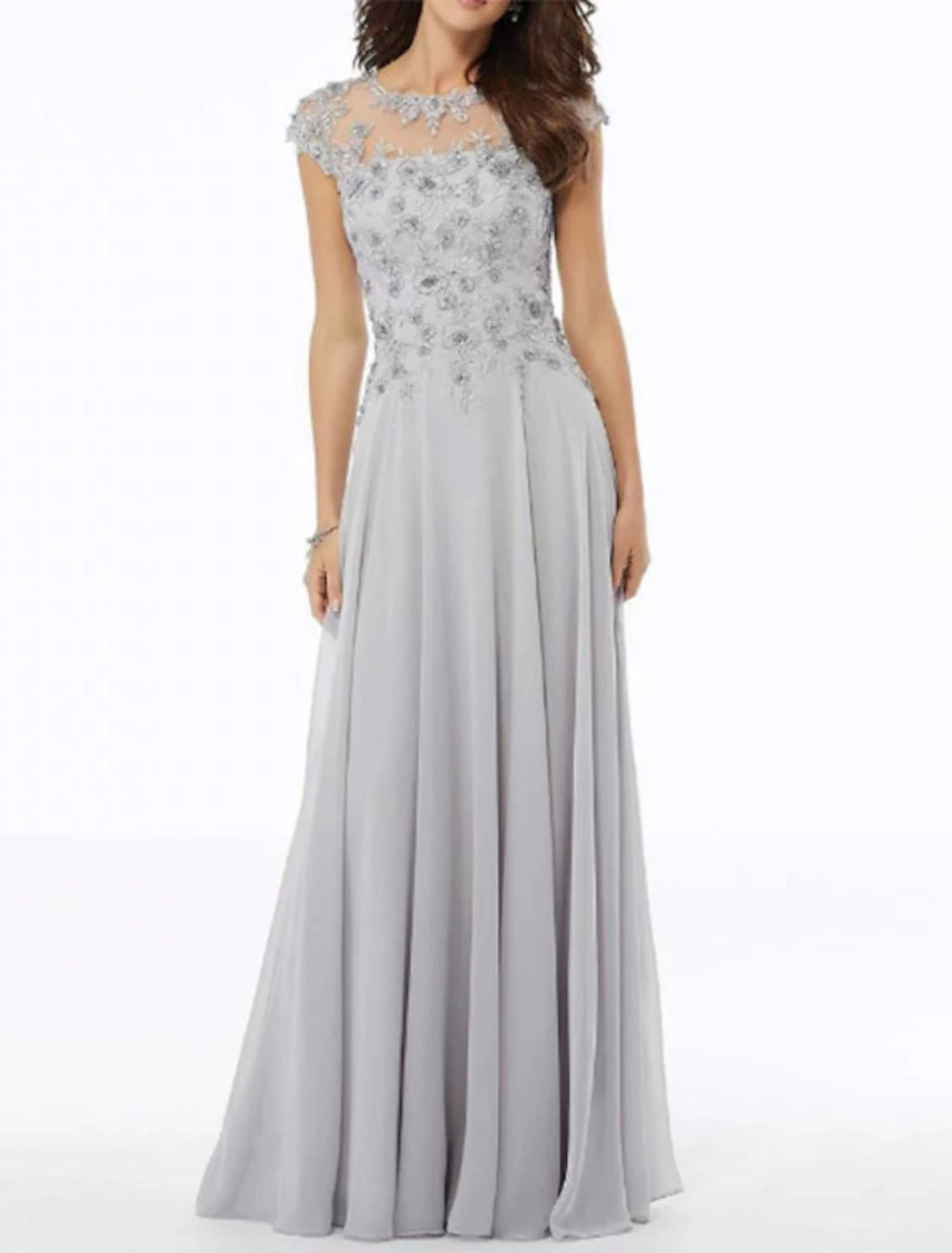A-Line Mother of the Bride Dress Elegant Jewel Neck Floor Length Chiffon Tulle Short Sleeve with Embroidery Appliques