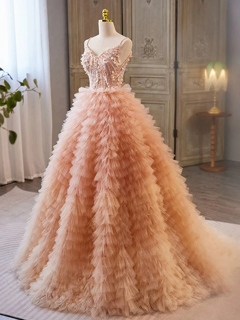 Buyishang Unique V Neck Tulle Sequin Orange Pink Long Prom Dress Orange Pink Sweet 16 Dress