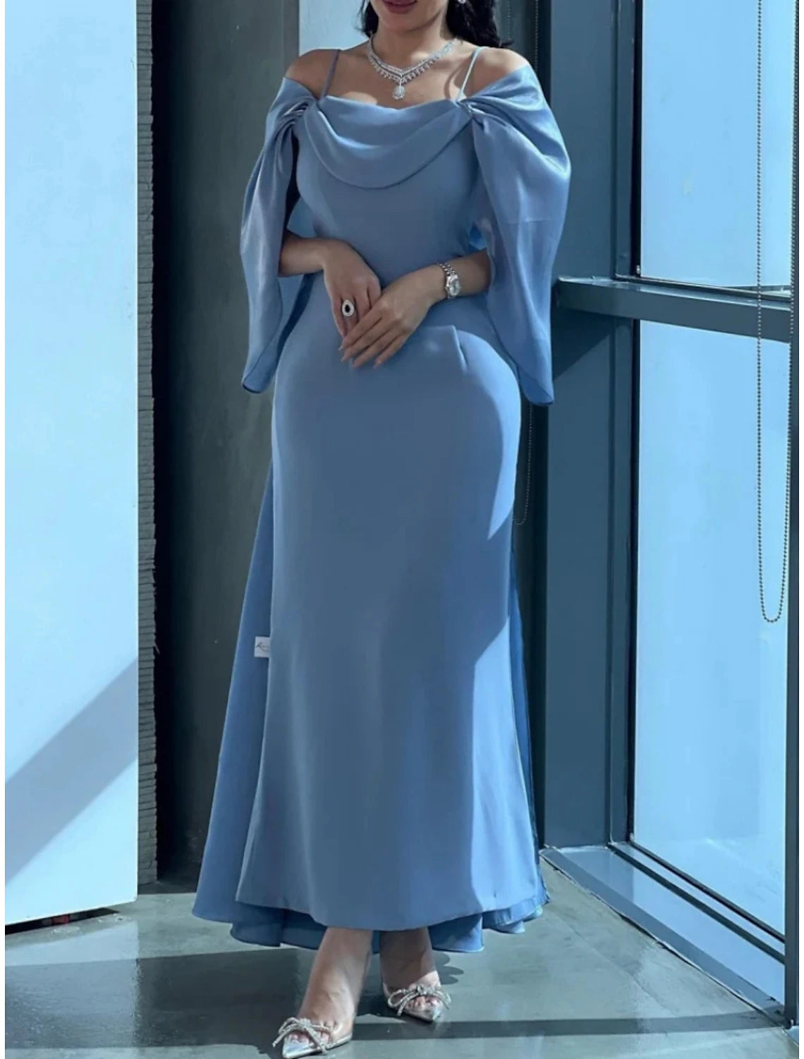 Sheath / Column Evening Gown Elegant Cape Dress Formal Ankle Length Half Sleeve Spaghetti Strap Chiffon with Pleats Ruched