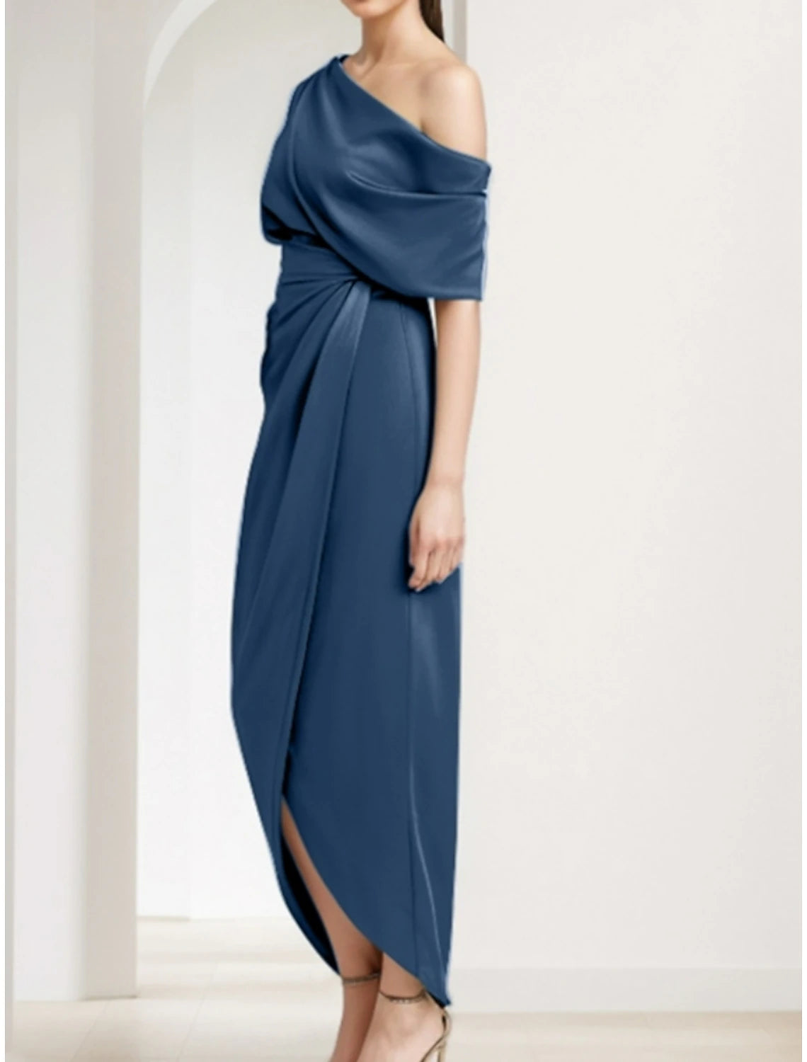 A-Line Mother of the Bride Dress Wedding Guest Elegant Off Shoulder Ankle Length Imitated Silk Half Sleeve with Split Front Ruching