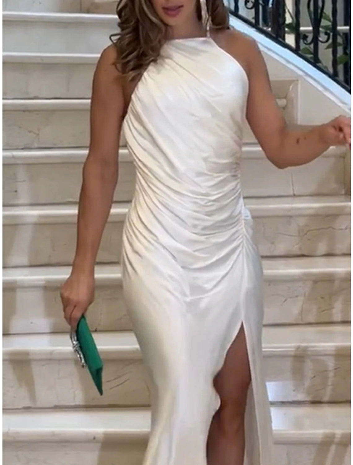 Women's Prom Dress Party Dress Satin Dress Long Dress Maxi Dress White Sleeveless Pure Color Ruched Spring Fall Winter Spaghetti Strap Fashion Winter Dress Evening Party Wedding Guest