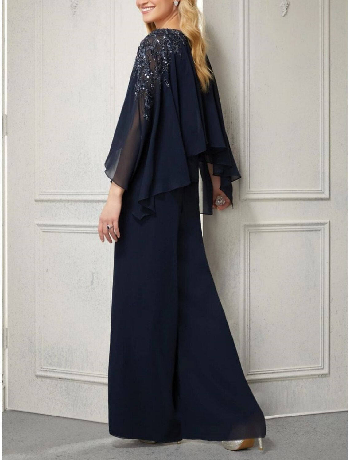 Jumpsuits Mother of the Bride Dress Wedding Guest Elegant Scoop Neck Ankle Length Chiffon Long Sleeve with Lace Sequin