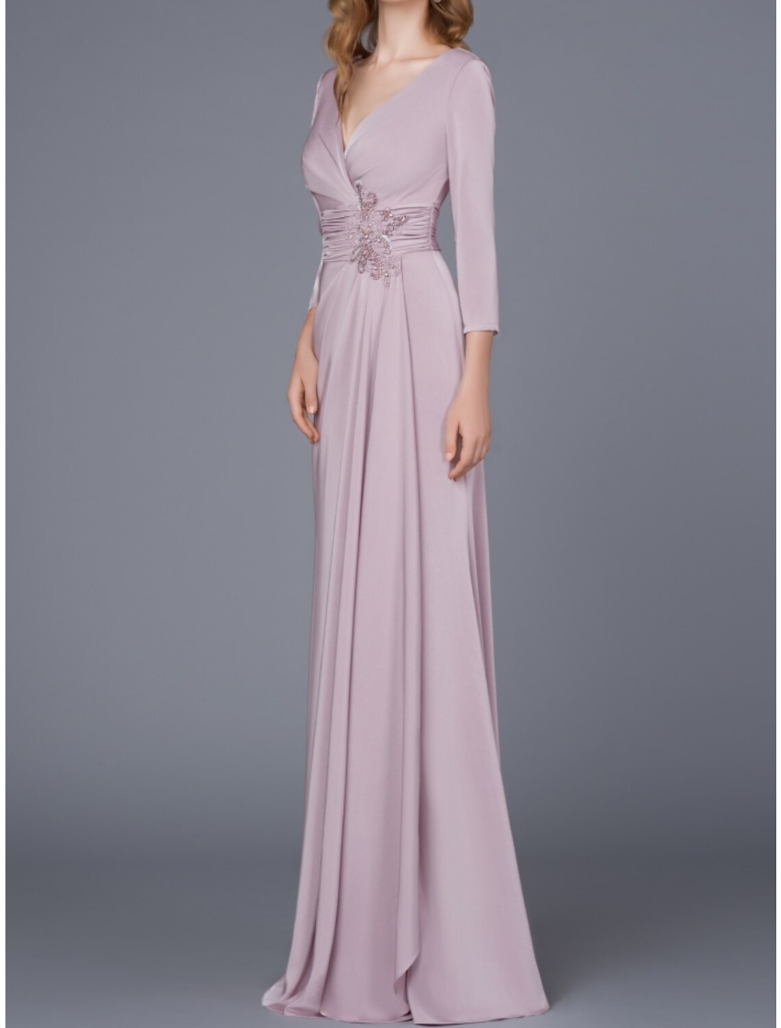 A-Line Mother of the Bride Dress Wedding Guest Party Elegant V Neck Sweep / Brush Train Satin 3/4 Length Sleeve with Sequin Ruching