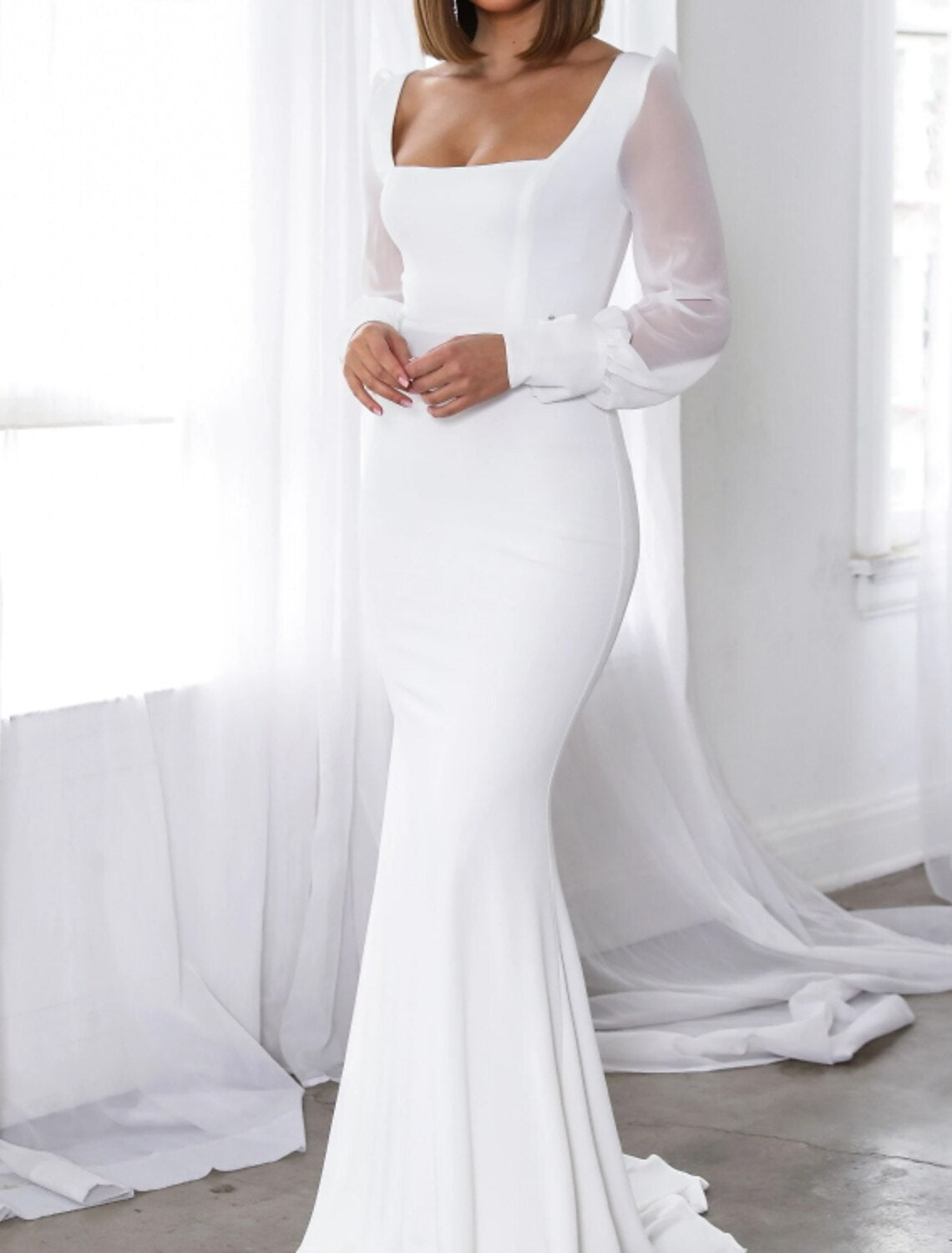 Mermaid / Trumpet Minimalist Elegant Wedding Guest Formal Evening Dress Scoop Neck Long Sleeve Sweep / Brush Train Satin with Sleek