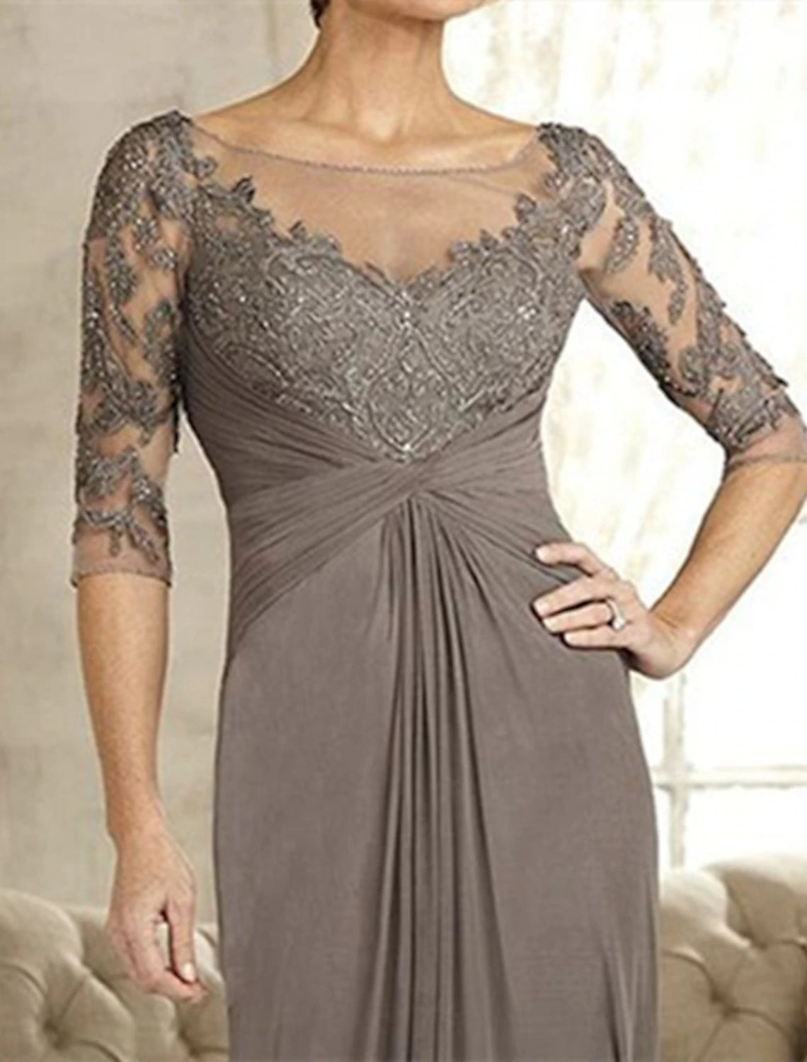 A-Line Mother of the Bride Dress Wedding Guest Simple Elegant Jewel Neck Floor Length Chiffon Lace 3/4 Length Sleeve with Crystals Appliques