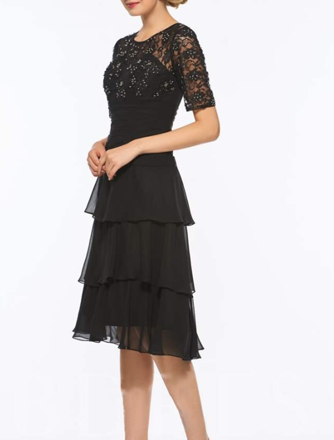 A-Line Mother of the Bride Dress Elegant Jewel Neck Knee Length Chiffon Lace Short Sleeve with Embroidery Cascading Ruffles