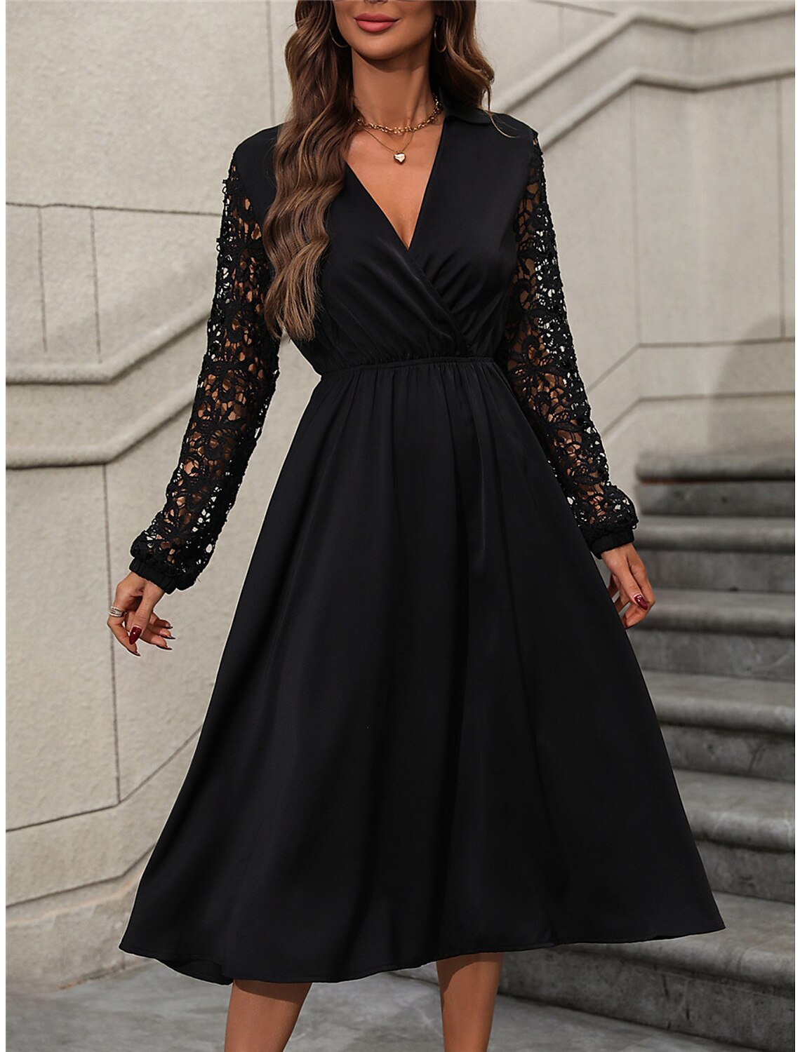 Women's Black Dress Party Dress Lace Dress Midi Dress Black Long Sleeve Plain Lace Summer Spring Fall V Neck Elegant Wedding Guest Vacation Spring Dress
