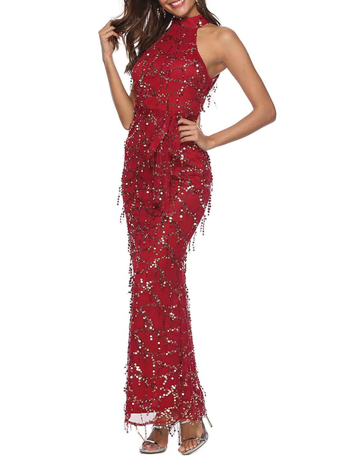 Women's Sequin Dress Fringe Dress Prom Dress Long Dress Maxi Dress Burgundy Sleeveless Plain Sequins Summer Spring Fall Halter Neck Red Valentines Dress Valentine's Day Wedding Guest Evening Party