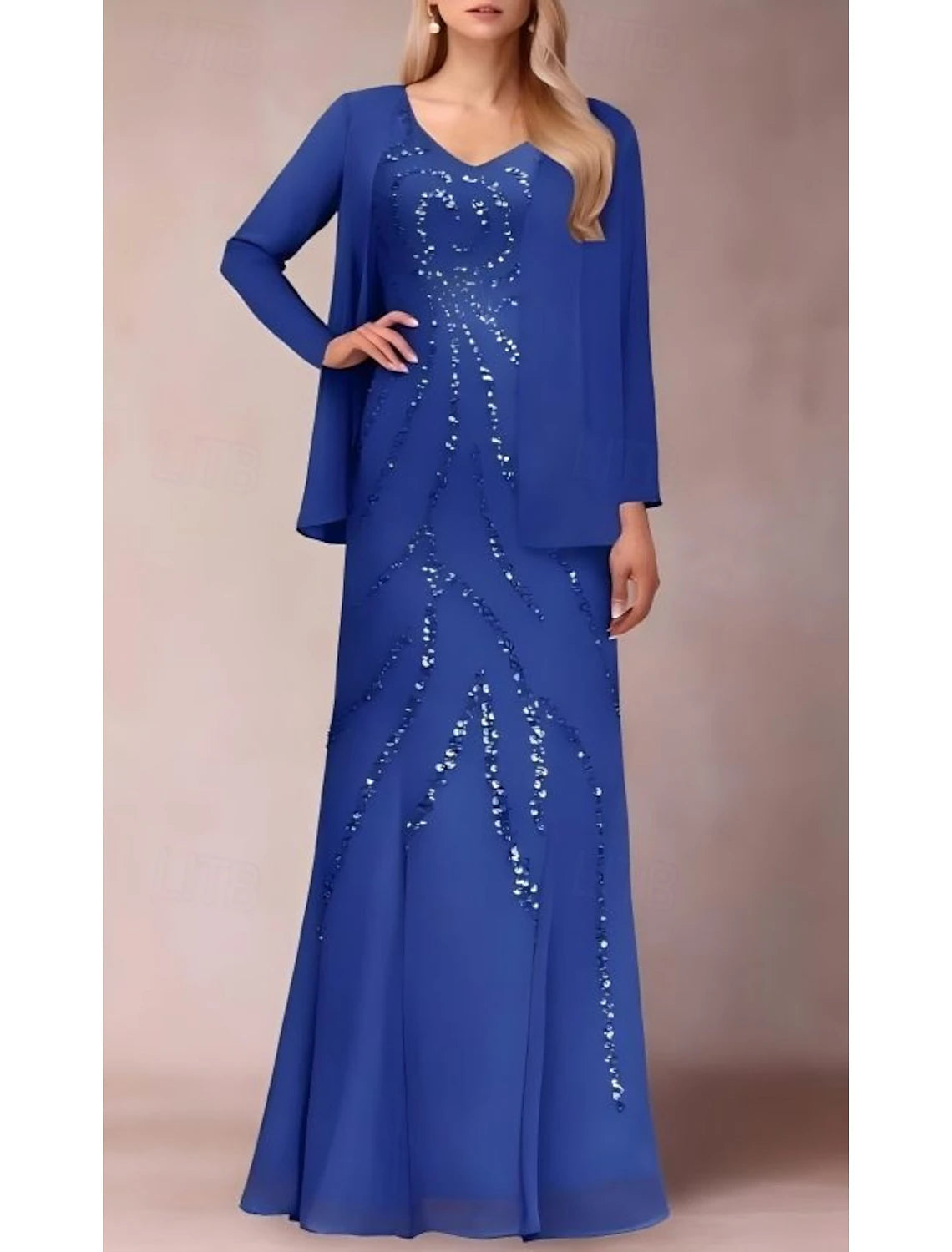 Buyishang Two Piece Sheath / Column Dress Suit Mother of the Bride Dress Elegant Sparkle & Shine V Neck Floor Length Chiffon Sequined Short Sleeve with Sequin