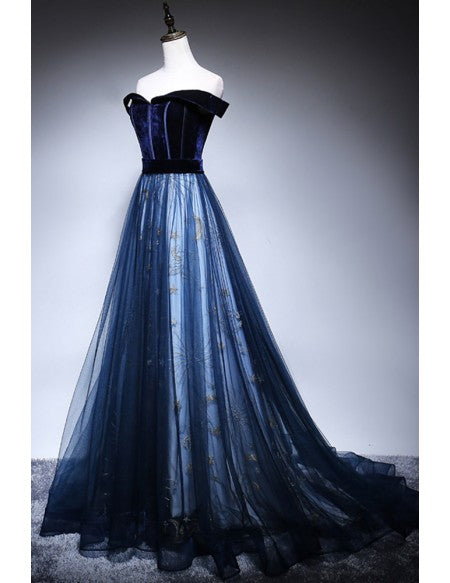 Navy Blue Velvet And Tulle Prom Dress with Stars