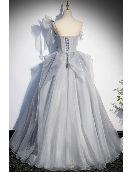 Unique Puffy Ballgown Grey Prom Dress with Ruffles