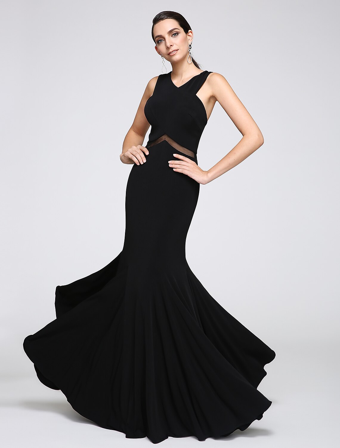 Mermaid / Trumpet Minimalist Dress Holiday Cocktail Party Floor Length Sleeveless Cross Front Jersey with Lace
