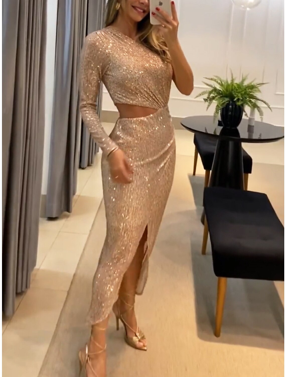 Women's Prom Dress Party Dress Sequin Dress Long Dress Maxi Dress Champagne Long Sleeve Pure Color Sequins Spring Fall Winter One Shoulder Fashion Winter Dress Wedding Guest Evening Party