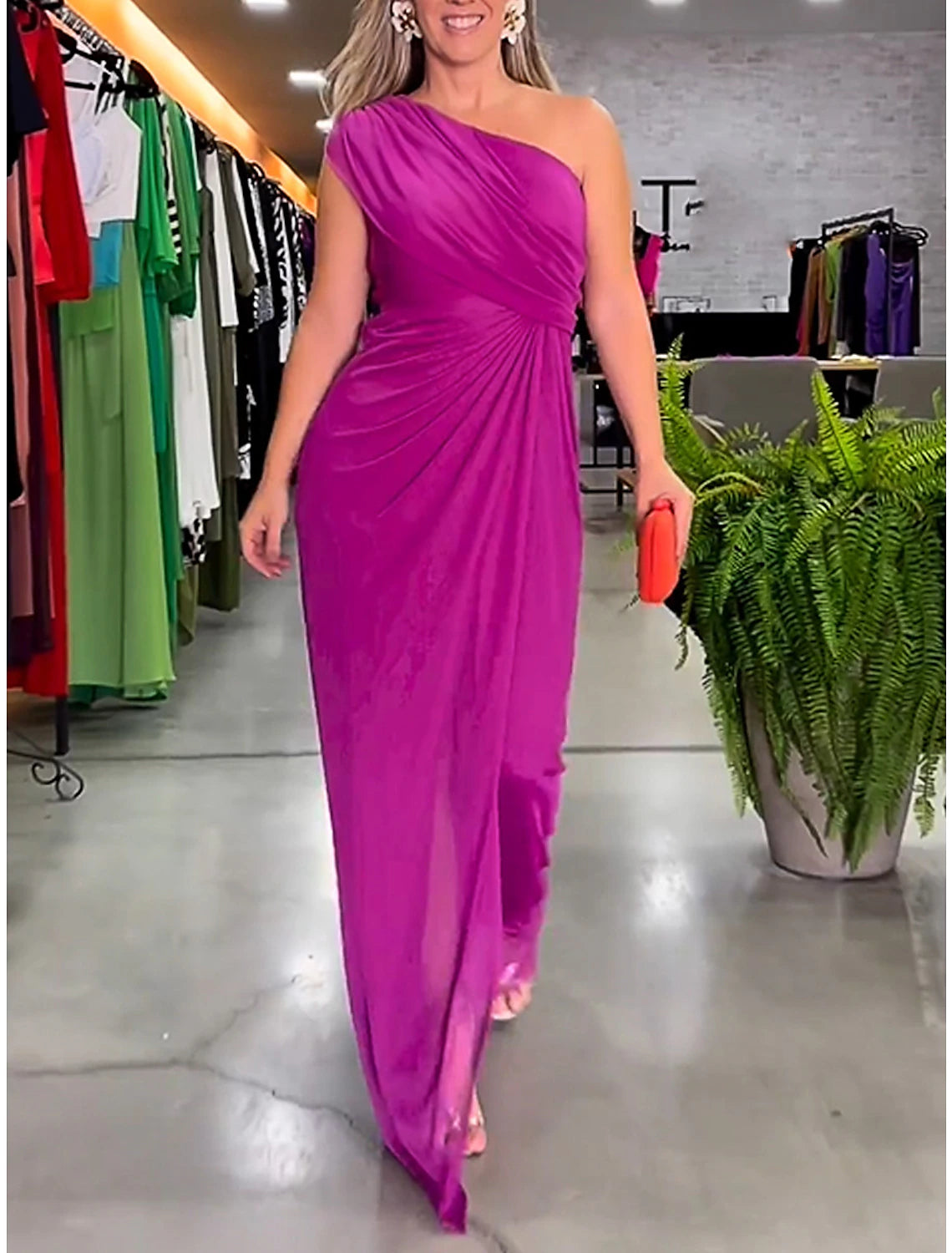 Women's Prom Dress Party Dress Wedding Guest Dress Velvet Dress Long Dress Maxi Dress Purple Sleeveless Pure Color Split Spring Fall Winter One Shoulder Fashion