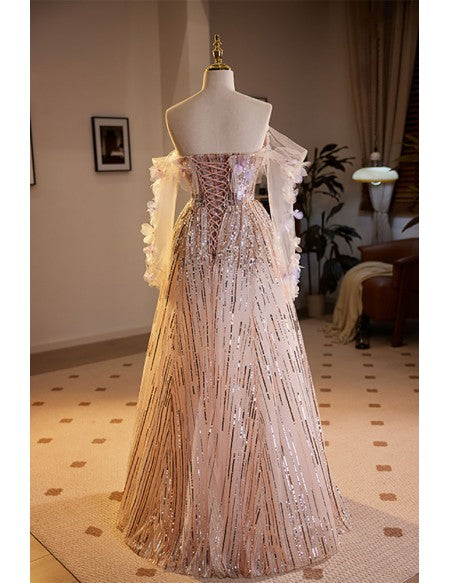 Unique Off Shoulder Sleeved Long Tulle Prom Dress with Sequins