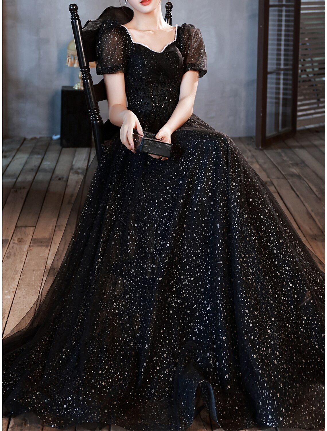 A-Line Prom Dresses Sparkle & Shine Dress Party Wear Prom Floor Length Half Sleeve Sweetheart Satin with Ruched Pearls Appliques