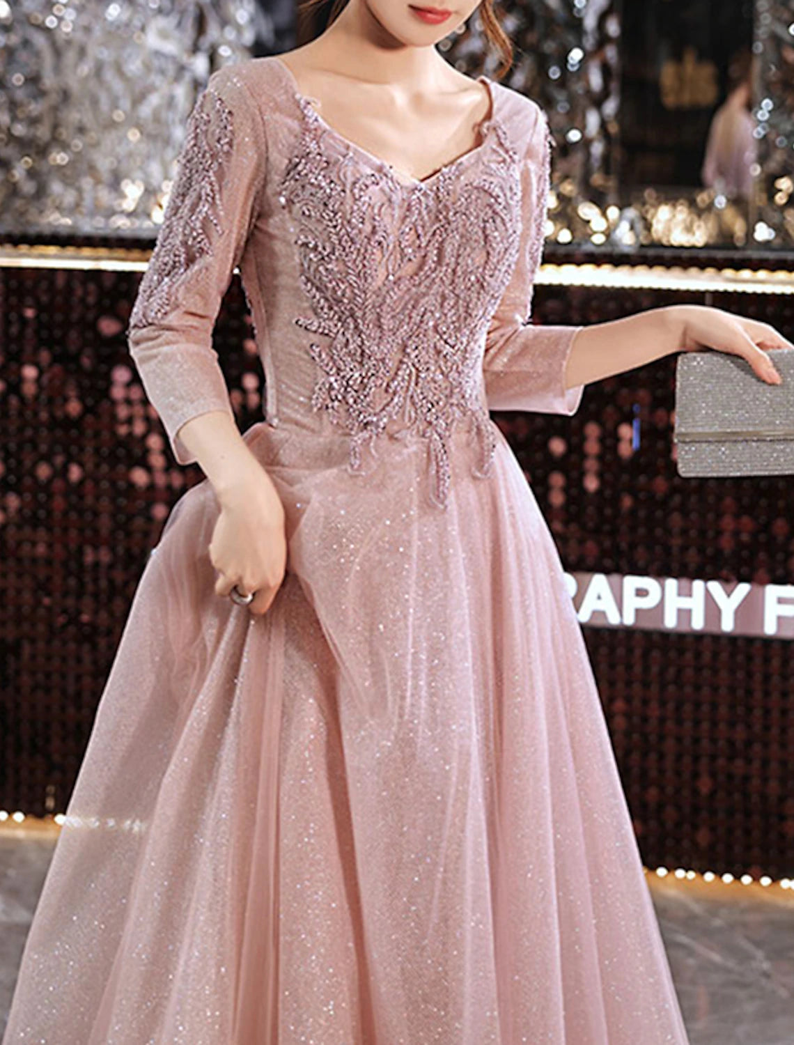 A-Line Prom Dresses Sparkle & Shine Dress Wedding Guest Prom Floor Length 3/4 Length Sleeve V Neck Lace with Appliques