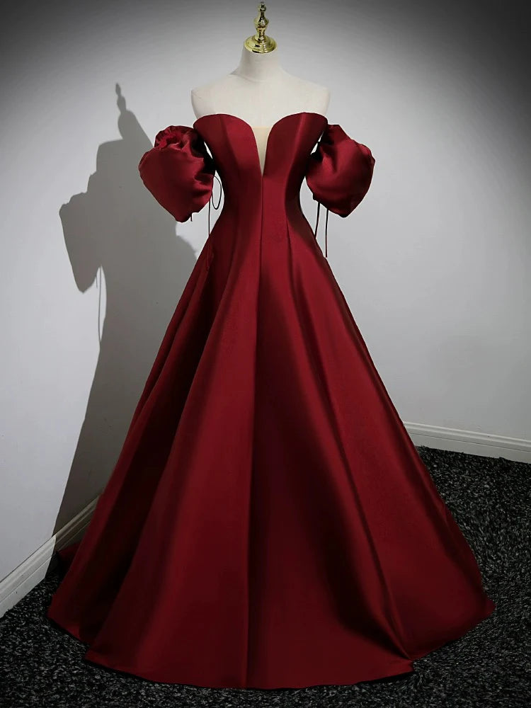 Buyishang A-Line Puff Sleeves Satin Burgundy Long Prom Dress Burgundy Long Formal Dress