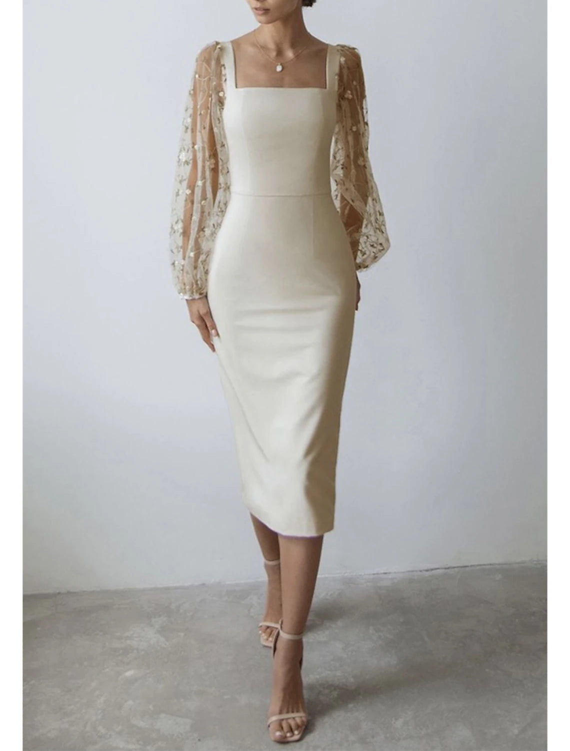 Women's Semi Formal Party Dress Sheath Dress Midi Dress Black White Long Sleeve Floral Mesh Fall Spring Square Neck Winter Dress Wedding Guest Mesh