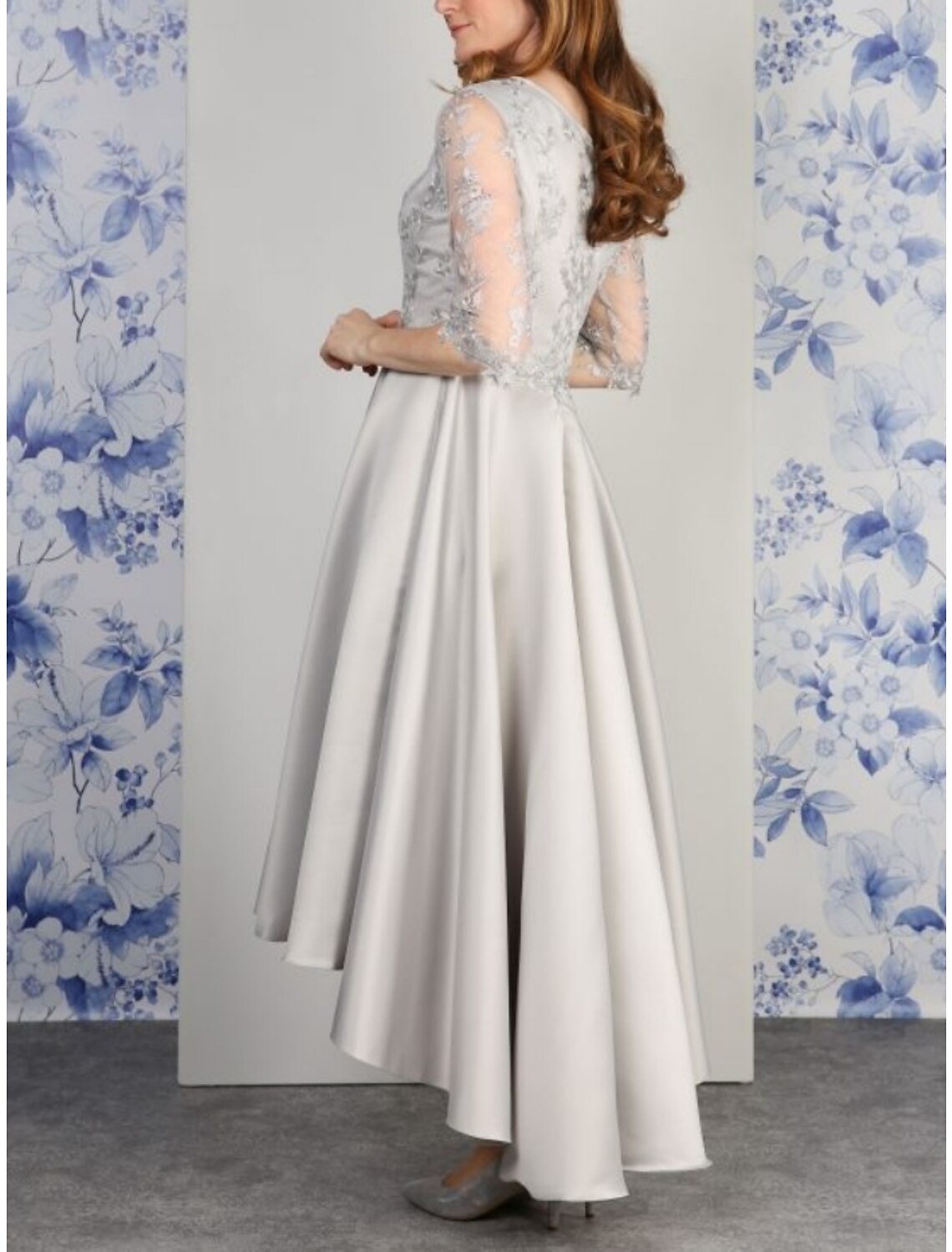 A-Line Mother of the Bride Dress Wedding Guest Elegant V Neck Asymmetrical Ankle Length Satin 3/4 Length Sleeve with Lace Ruching