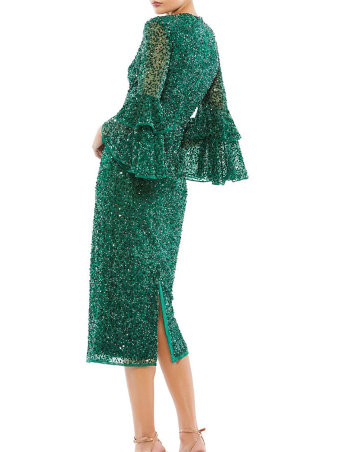 Sheath / Column Cocktail Dresses Party Dress Party Wear Wedding Guest Tea Length 3/4 Length Sleeve Jewel Neck Sequined with Sequin Ruffles