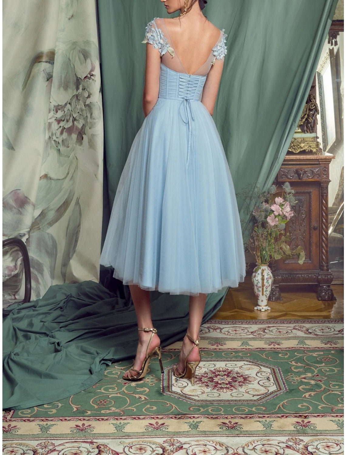 Women's Party Dress Lace Dress Corset Dress Homecoming Dress Midi Dress Light Blue Short Sleeve Pure Color Lace Summer Spring Boat Neck Fashion Wedding Guest