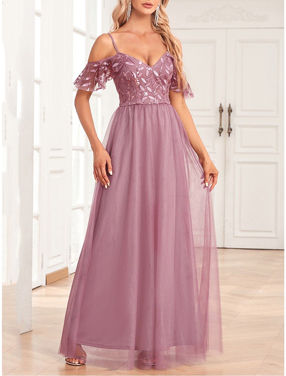 Women's Pink Sequin Dress Prom Dress Party Dress Sparkly Dress Long Dress Maxi Dress Short Sleeve Sparkly Glitter Fall Winter Spaghetti Strap Fashion Evening Party