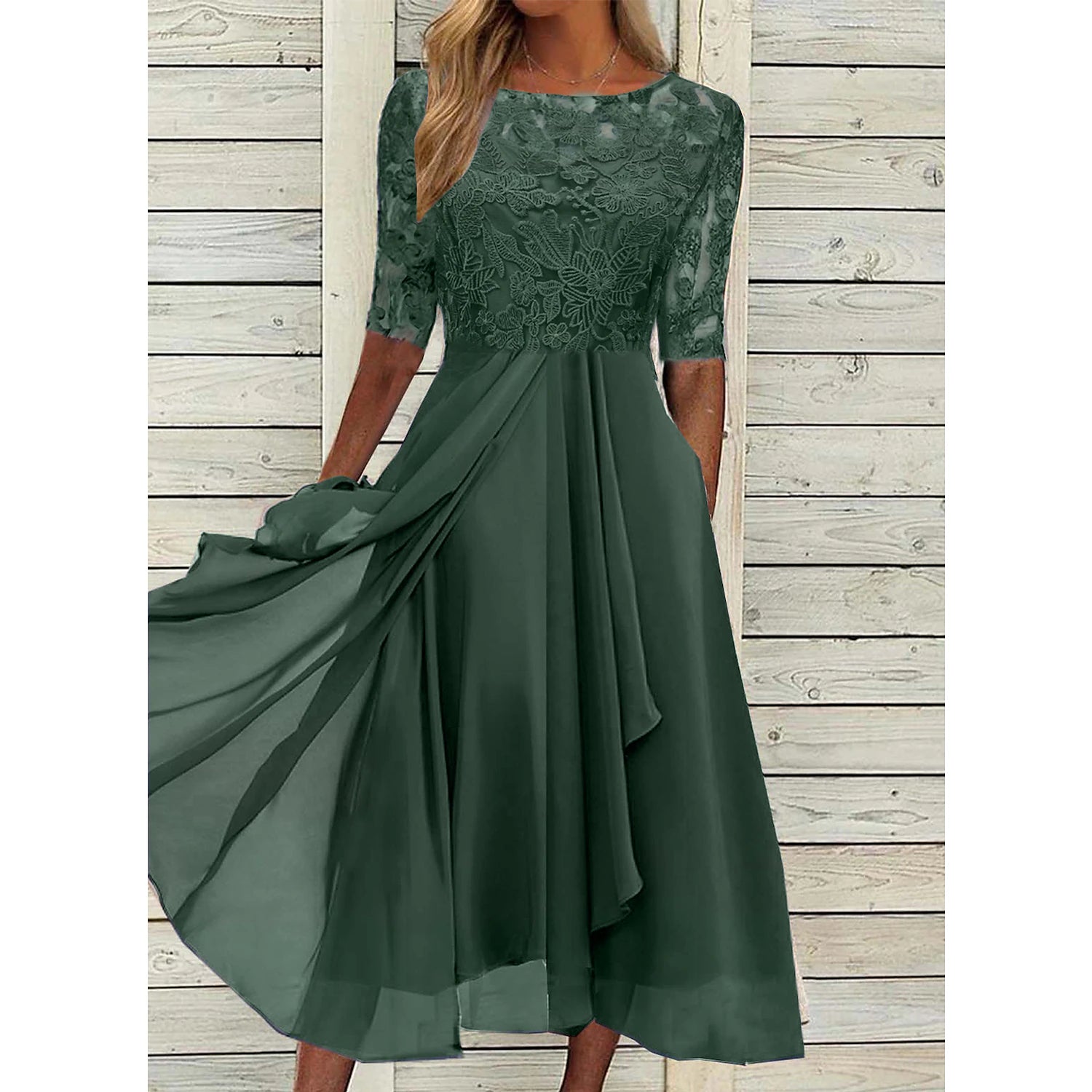 Women‘s Cocktail Party Dress Lace Dress Midi Dress Green Blue Purple Half Sleeve Floral Embroidery Lace Summer Spring Crew Neck Elegant Classic Wedding Guest