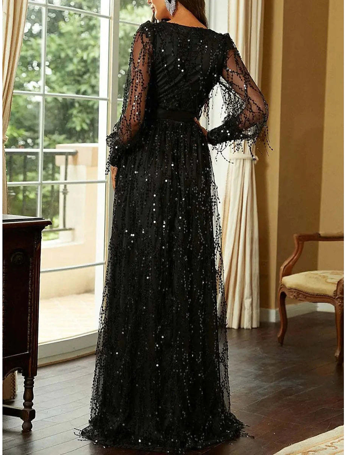 Women's Gold Sequin Dress Prom Dress Party Dress Sparkly Dress Black Dress Black Homecoming Dress Long Dress Maxi Dress Long Sleeve Fall Winter Deep V Modern Winter Dress Fall Dress