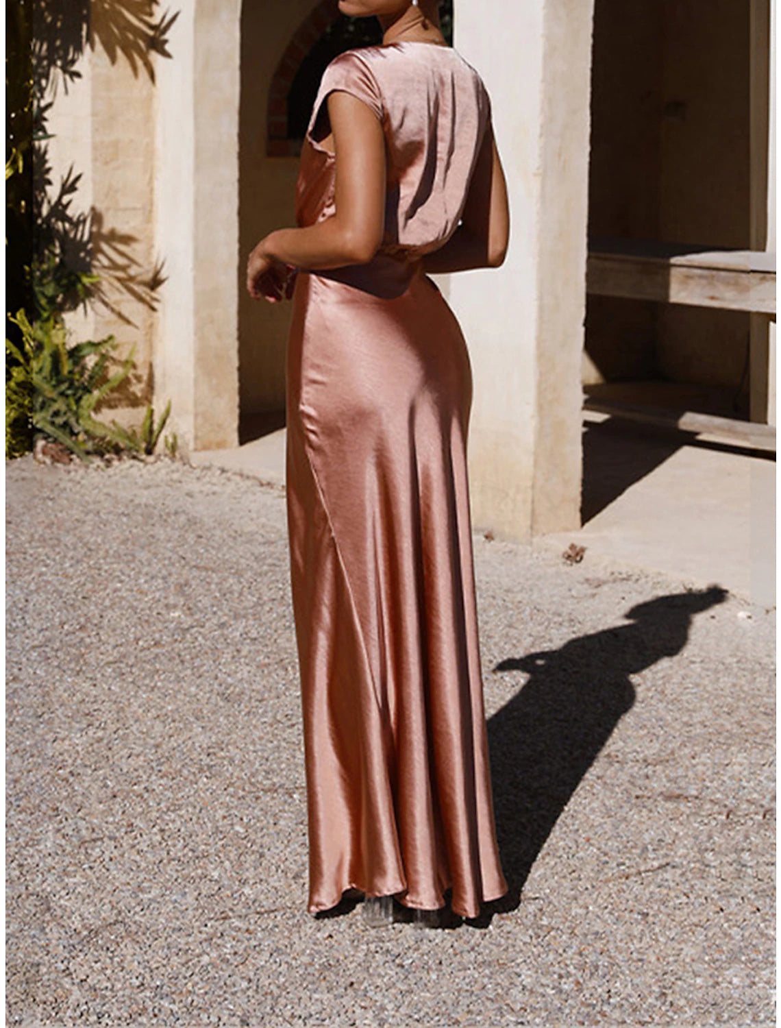 Women's Prom Dress Party Dress Wedding Guest Dress Long Dress Maxi Dress Black Pink Blue Short Sleeve Plain Ruched Summer Spring Fall V Neck Red Valentines Dress Valentine's Day Wedding Guest Birthday